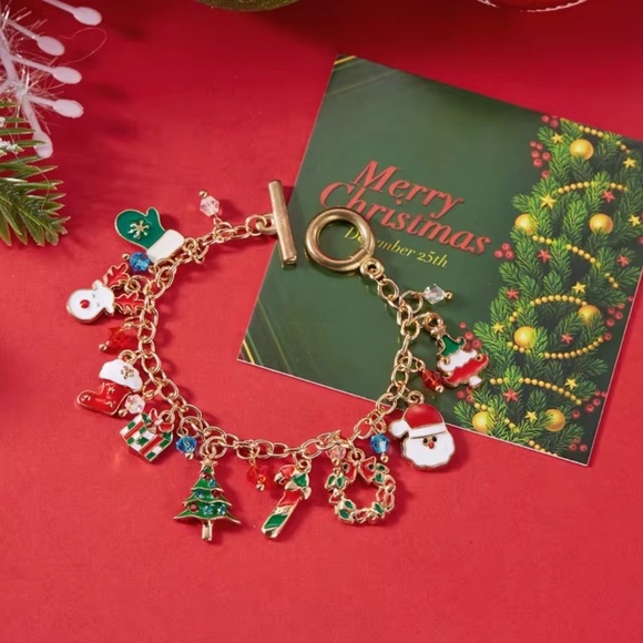 Betsey Johnson Jewelry - Festive Christmas Gold Charm Bracelet with Santa Snowman Gift Pendants Holiday